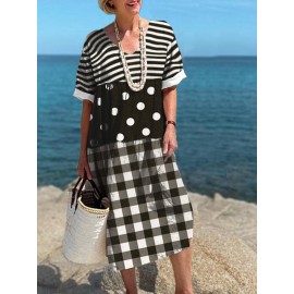 Women Striped Polkadot Plaid Patchwork V-Neck Short Sleeve Dress