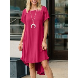 Women Solid Crew Neck Ruffle Trim Casual Short Sleeve Dress