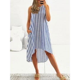 Women Striped Crew Neck High-LowÂ Hem Sleeveless Dress