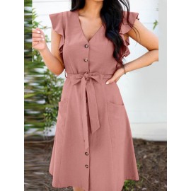 Women Solid Button Front Ruffle Cap Sleeve Dress With Belt