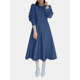 Solid Long Sleeve Casual A-line Denim Dress