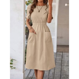 Women Solid Double Pocket Casual Short Sleeve Dress