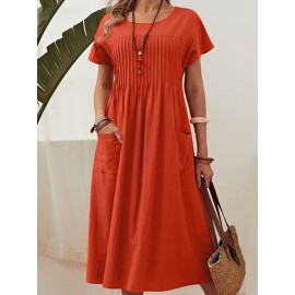 Women Solid Pleated Crew Neck Double Pocket Casual Dress