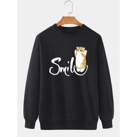 Mens Smile Cat Print Crew Neck Casual Pullover Sweatshirts