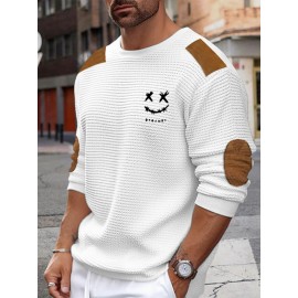 Mens Smile Embroidered Contrast Patchwork Crew Neck Pullover Sweatshirts Winter