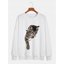 Mens 3D Cat Print Crew Neck Casual Pullover Sweatshirts