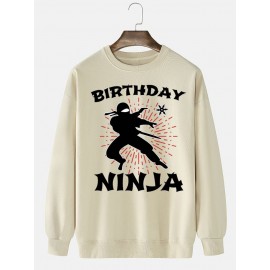 Mens Japanese Ninja Letter Print Crew Neck Pullover Sweatshirts Winter