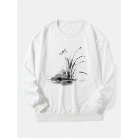 Mens Dragonfly Ink Painting Print Crew Neck Pullover Sweatshirts Winter