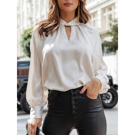 Women Satin Keyhole Neck Plain Casual Long Sleeve Blouse