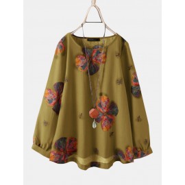 Calico Print O-neck Long Sleeve Casual Blouse For Women