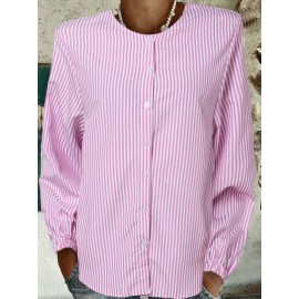 Women Pinstripe Crew Neck Casual 3/4 Sleeve Shirt