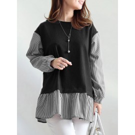 Women Stripe Patchwork Crew Neck Casual Long Sleeve Blouse