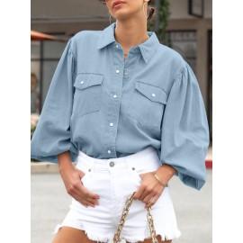 Women Solid Lapel Flap Pocket Long Sleeve Denim Shirt