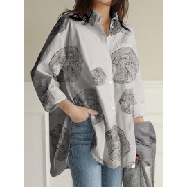 Geometry Print Long Sleeves Casual Loose Blouse With Pockets