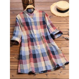 Vintage Print Plaid Multicolor Long Sleeve Button Blouse