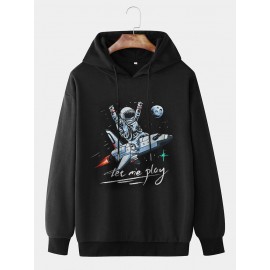 Mens Cartoon Space Astronaut Print Loose Drawstring Hoodies