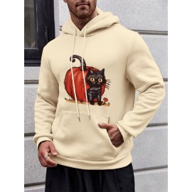 Mens Cartoon Pumpkin Cat Print Kangaroo Pocket Drawstring Hoodies Winter